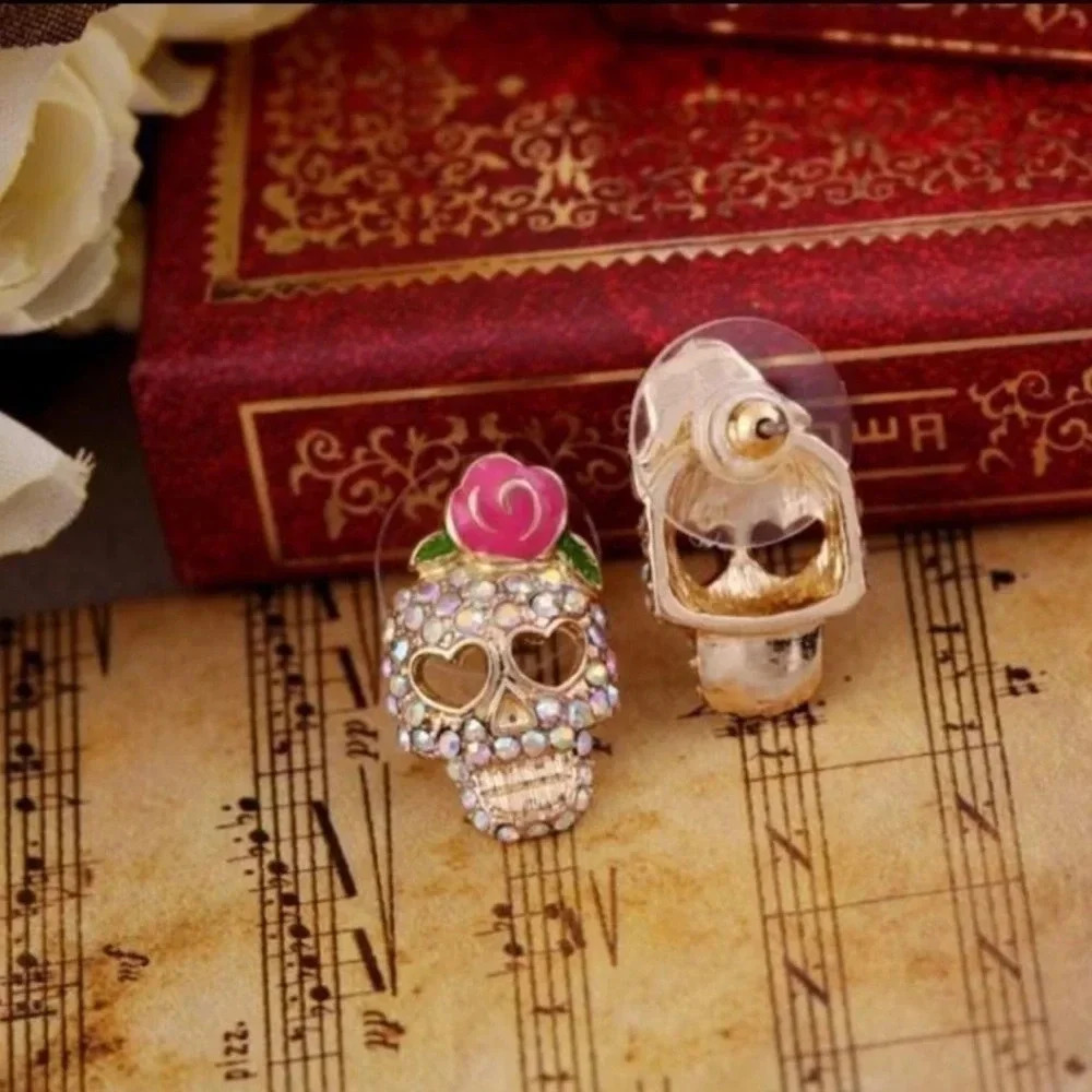 1 LEFT! Sugar Skull Rhinestone with Bow Stud Earrings - Picture 2 of 3